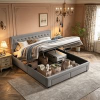 Hydraulisches Stauraumbett 160 x 200 cm, 2 Schubladen am Fußende, Doppelbett mit Samtbezug, geknöpftes Kopfteil, großer Stauraum im Schlafzimmer