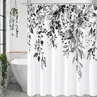 Shower curtain with eucalyptus motif in black and white, grey watercolor leaf pattern with flowers, shower curtain set with hooks, 180 x 180 cm