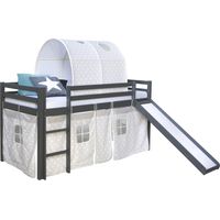 Lit mezzanine 90x200cm avec échelle toboggan en bois gris avec tissu étoile et tunnel LIT06174