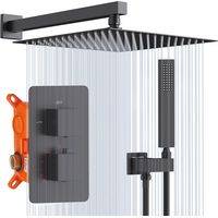 Columna de Ducha Termostática Empotrada Negra con Rociador de Lluvia Grande, Kit de Ducha de Pared, Cuerpo de Latón Resistente