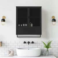 Armoire Murale 60cm Noir - Meuble Rangement 2 Portes Verre Trempé, Étagère Ouverte et Porte-Serviette - Style Industriel Chic