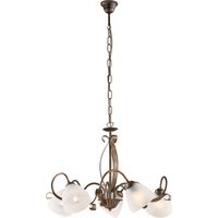 Lampadario Classico Forgiato 5 Luci Ferro Marrone E Oro Vetro Bianco