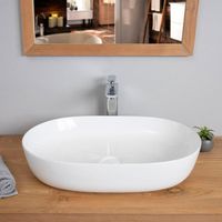 Wanda Collection – Vasque à poser en céramique ovale 61cm – Largeur 41cm – Hauteur 12cm – Surface lisse facile à entretenir – Installation murale recommandée