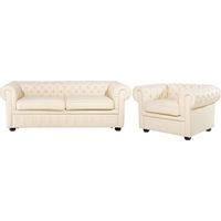 Ensemble Canapé et Fauteuil en Cuir Crème Dossier à Points Diamant Chesterfield