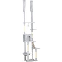 PawHut Albero per Gatti a Soffitto Altezza Regolabile 225-255cm Grigio Chiaro