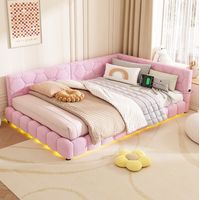 Sofá cama 64,5/214/152 cm rosa de terciopelo con LED de 16 colores y USB-C