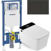 Mizubath - Set WC giapponese sospeso Isla nero - Risciacquo ad acqua - Asciugatura ad aria - Modulo Geberit Duofix 8 cm - Placca comando doppio nero