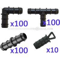 Lot Irrigation goutte à goutte 16mm: 100 tés + 100 coudes + 100 jonctions + 10 bouchons