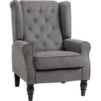 Fauteuil individuel relaxant – À oreilles, motifs décoratifs, pieds bois, polyester gris foncé – 74 × 86 × 102 cm