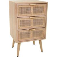 Table de chevet bois naturel avec trois tiroirs cannage élégant - Bois naturel et cannage beige