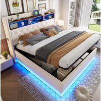 Cama tapizada beige 180x200 cm con LED, USB y almacenamiento hidráulico