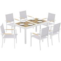 Outsunny conjunto de mesa y sillas jardín de 7 piezas, con mesa de plástico pspc, 6 sillas apilables transpirables, marco de acero, blanco