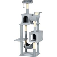 Tour d'Escalade pour Chat avec Hamac, Litière, Maisonnettes et Perchoirs, Arbre à Chat en Sisal et Bois, Jouet avec Peluche, 55x49x177 cm, Gris et Blanc