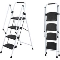 White four-step ladder, light folding four-step stool, wide anti-skid pedal and safety handle, strong steel ladder, multi-purpose ladder, applicable to family, kitchen, office elevator