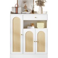 Rattan Schuhschrank mit 3 Türen und 1 Schublade, B90/H110/T35 cm, Weiß + Holz