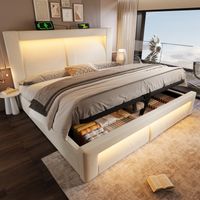 Cama Canapé 160×200 cm, Cama Doble con Arcón, LED Regulable, USB, Tipo C y Cabecero Curvo, sin Colchón, en Terciopelo, Beige