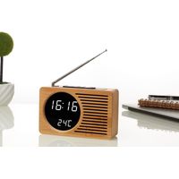 Despertador retro de madera con radio y despertador, silencioso, regalo creativo, reloj electrónico de 16,5 x 4,5 x 9 cm, espejo de bambú auténtico, luz blanca.