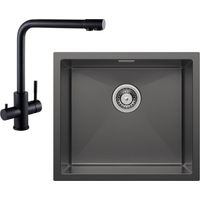 Fregadero bajo encimera con 1 seno Fregadero de acero inoxidable 50×44CM antracita + grifo de cocina negro Grifo para fregadero 3 en 1, altura 344 mm