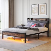 Cama adulto de 140x200 cm con iluminación LED, puertos USB, de metal, sin colchón, negro y marrón