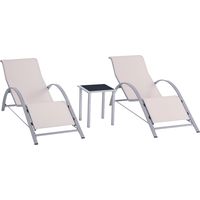 Set di 2 Lettini Prendisole e Tavolino con Piano in Vetro, 59x169x66 cm, Crema