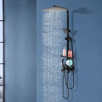 Système de douche, ensemble de douche à effet pluie, ensemble de douche pour salle de bains, mitigeur de douche noir, avec pomme de douche pour eau chaude et froide et étagère, 30 x 30 cm