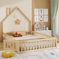 Kinderbett 140 x 190 cm, Bettgestell im Chalet-Stil mit Kamin, Lattenrost aus Kiefernholz, Naturfarbe (Matratze nicht enthalten)