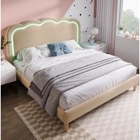 Cama doble tapizada con LED y cabecero ajustable OKMYHOME