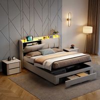 La cama canapé de 160 x 200 cm está equipada con iluminación LED ajustable, puertos USB y enchufes, cabecero con almacenaje, cama doble de terciopelo beige y estructura de cama ajustable