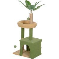 Tiragraffi per Gatti con Casetta, Lettino e 2 Palline, Legno e Poliestere, Verde e Marrone, 44x30x98 cm