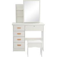 Coiffeuse blanche avec miroir et tabouret, 5 tiroirs, 3 compartiments ouverts, 3 compartiments fermés à clé. Meuble-lavabo moderne avec poignées en bois massif, Charge de table/tabouret : 100/120 kg