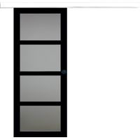 Puerta corredera Telia negra con vidrio H204 x L73 cm, riel de aluminio con banda blanca, conchas negras para GD MENUISERIES