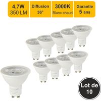 Lot de 10 ampoules LED GU10 36° 4,7W (équiv. 50W) 350Lm 3000K - garantie 5 ans