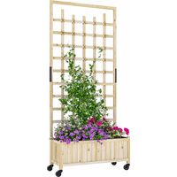 Jardinière avec treillis. bac à fleurs avec roues. pour plantes grimpantes. bois massif. 82.5x35x186cm. bois naturel
