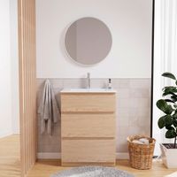 Mob-In – Meuble sous vasque SORRENTO 60 cm – MDF décor chêne – 3 tiroirs avec fermeture douce – Plan vasque céramique avec trop-plein