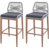 Set de 2 tabourets de bar Rope HHG-982, coussins d'assise Outdoor corde tressée métal aspect bois, gris clair, coussins gris foncé