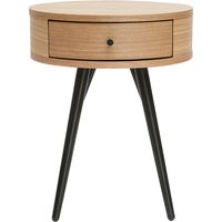 Runder Vintage-Nachttisch aus hellem Holz, schwarzem Metall KORAL