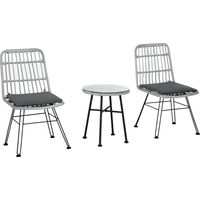 Set 3 pièces table et chaises bistrò jardin en rattan PE et acier, table café verre + 2 chaises, gris