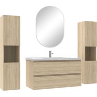 Acezanble ensemble meubles Salle de Bain avec colonne et miroir ovale mural 100cm meuble Chêne Wotan
