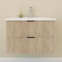 Aica Sanitaire – Meuble bas de salle de bain suspendu 80 cm – Chêne – 2 tiroirs avec vasque céramique – Installation murale, entretien facile