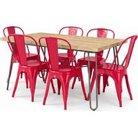 Pack Tavolo da pranzo - Design industriale 150cm + Confezione di 6 sedie da pranzo - Design industriale - Hairpin Stylix Rosso
