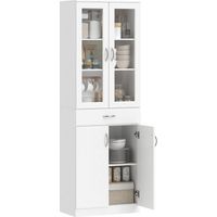 Credenza Cucina con 2 Armadietti e un Cassetto, Mensole Regolabili e Ante in Vetro, 60x35x180 cm, Bianco