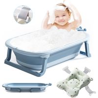 Baignoire Bébé Couronne Pliante avec Coussin Antidérapant, Tapis de Bain Détachable - 36L/Bouchon de Vidange/TPE pour 0-6 ans bébé