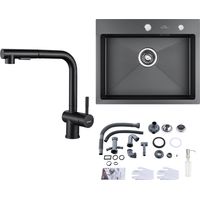 Fregadero de Cocina 55 x 45cm + Grifo de cocina con ducha extraíble en Acero inoxidable Negro, con Dispensador de Jabón 300ml y Sifón set