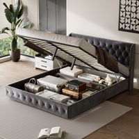 Lit coffre 140x190 cm, velours, finition rivets, sommier à lattes, structure métal, lit double adulte - Anthracite
