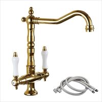 Wasserhahn Küche Vintage, Küchenarmatur 360° Drehbar, Zweigriffmischer Spültischarmatur Kaltes und Heißes Mischbatterie , G3/8 - Gold