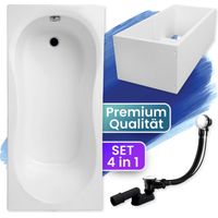 Badewanne Rechteck 140x70 mit Wannenträger, Ablaufgarnitur & Füßen GRATIS - Komplettset 4in1 Original Acryl Wanne Siphon - BADLAND GRACJA