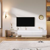 Mueble de TV blanco alto brillo con cajones, estantes de cristal e iluminación LED variable, color madera, 170x36x38 cm