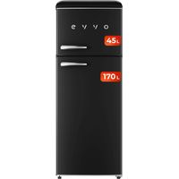 EVVO Frigorífico 2 puertas F45 Retro Negro, refrigerador 170 litros, congelador 45 litros, diseño vintage, cajón Crisper Zone, libre de gas CFC, silencioso