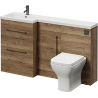 Napoli 390 Tobacco Oak 1500mm 2 Drawer Vanity Unit Toilet Suite with Left Hand Square Lucia Basin - 1500mm - Gunmetal Grey 320mm HandleWith Kingston Toilet Pan and Seat