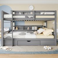 Lits superposés,lits simples,lits simples,lits superposés,tiroirs,compartiments de rangement,sans matelas,gris